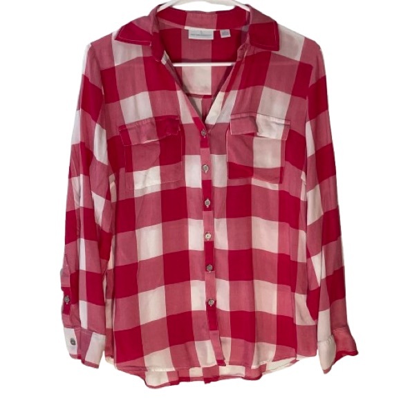 Medium Red & White Plaid V Neck Soft Button-Up Blouse Adjustable Sleeves - Picture 2 of 13